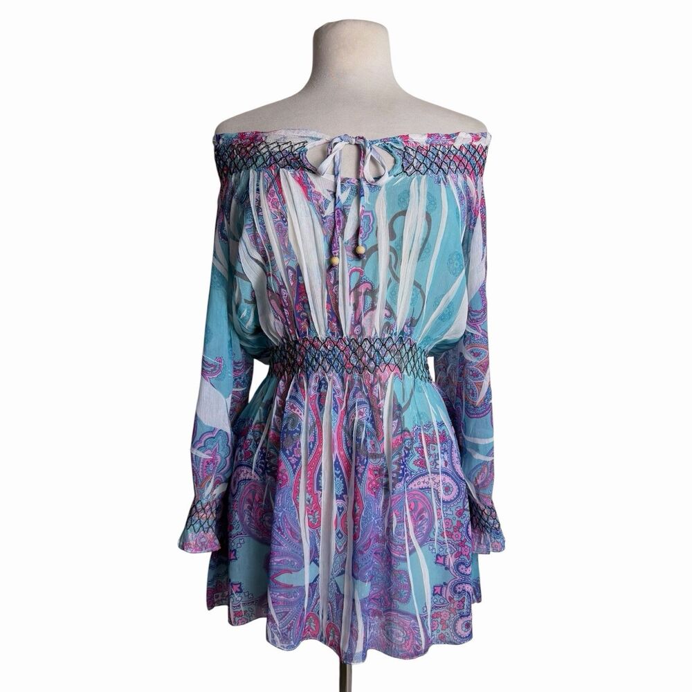 Boho Paisley Off Shoulder Smocked Tunic Blouse Fairycore Festival Top Medium